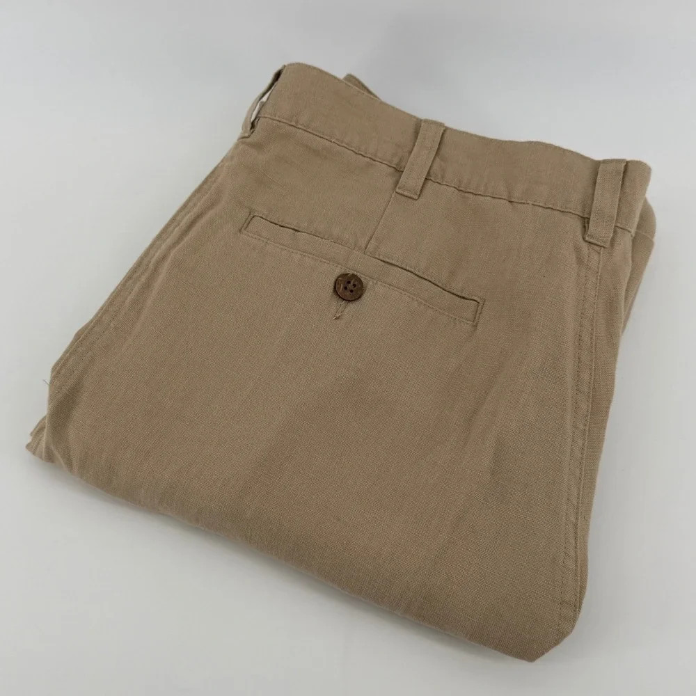 Jos. A. Bank Mens Khaki Linen Blend Straight Leg Flat Front Dress Pants Tan